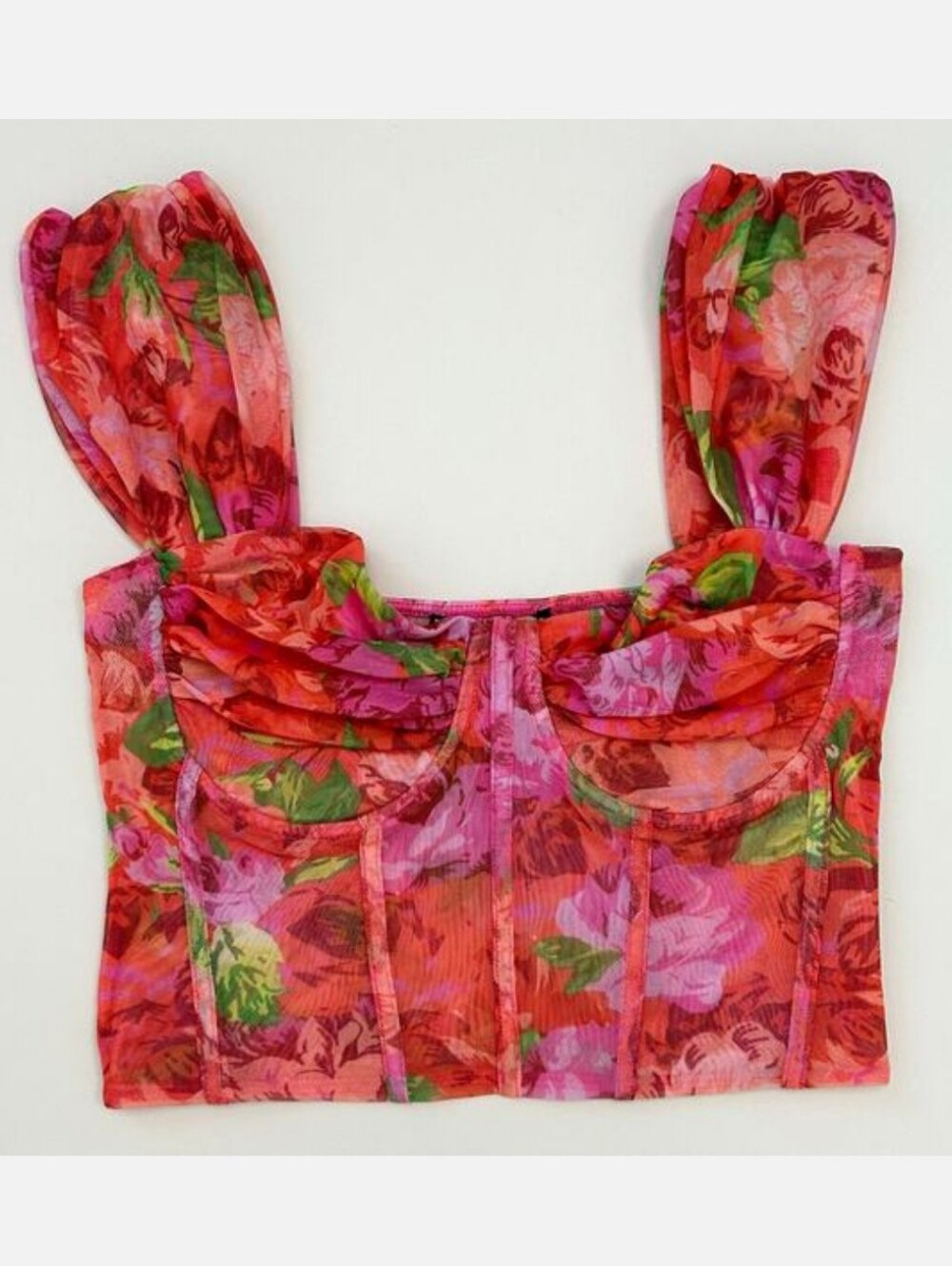 Zara Vibrant Floral Semi Sheer Mesh Bustier Crop Top W/Underwire & Boning (M)